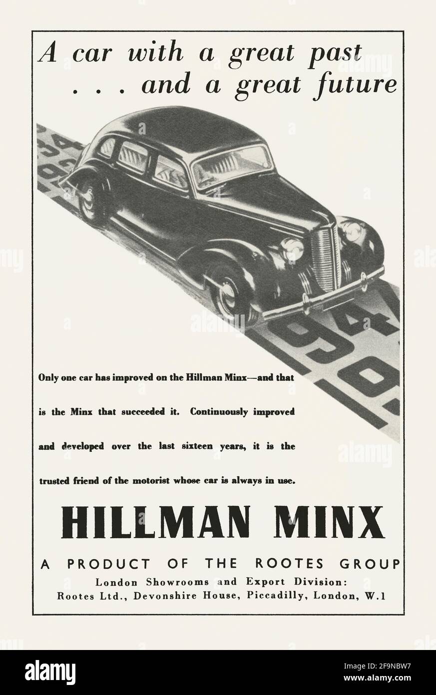 Ein Werbespot aus den 1940er Jahren für ein Hillman Minx-Auto – er erschien 1947 in der britischen Zeitschrift. Der zwischen 1945 und 1947 verkaufte Minx wurde als Minx Mark I bekannt (wie hier dargestellt). Dies war der erste Minx mit einem hervorstehenden Kofferraum. Der Hillman Minx war ein mittelgroßer britischer Familienwagen, der von 1931 bis 1970 produziert wurde. In dieser Zeit gab es viele Versionen des Minx sowie Autos, die als Humber, Singer und Sunbeam von der Rootes Group gekennzeichnet waren, darunter die Singer Gazelle und Sunbeam Rapier – Vintage-Grafiken aus den vierziger Jahren. Stockfoto