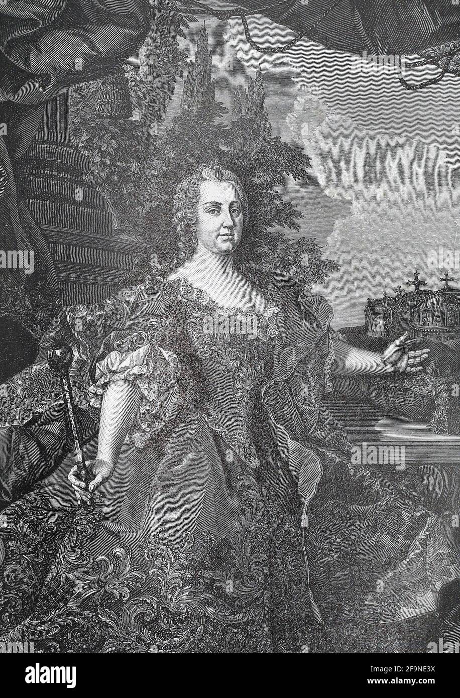 Maria Theresia Walburga Amalia Christina (Maria Theresia; 13. Mai 1717 – 29. November 1780) war die einzige weibliche Herrscherin der habsburgischen Herrschaften und regierte von 1740 bis zu ihrem Tod 1780. Sie war die Landesherrin von Österreich, Ungarn, Kroatien, Böhmen, Siebenbürgen, Mantua, Mailand, Lodomeria und Galicien, die österreichischen Niederlande und Parma. Durch Heirat war sie Herzogin von Lothringen, Großherzogin von Toskana und Heilige römische Kaiserin. Stockfoto
