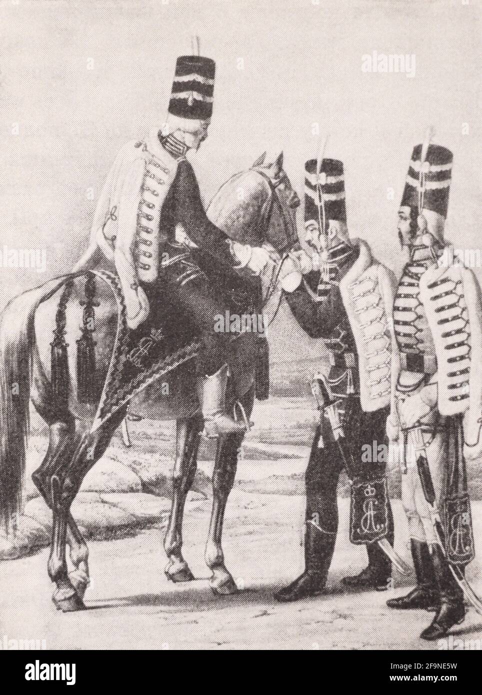 Privates und Offizier der Husarenregimente von 1764 bis 1776. Gravur des 19. Jahrhunderts. Stockfoto