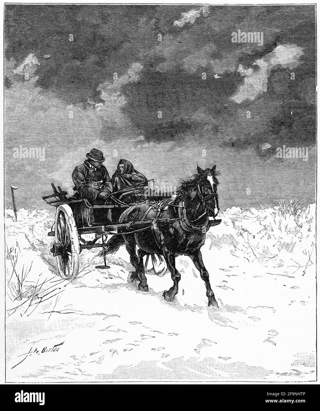 Gravur von zwei Personen, die in einem Sulky durch die englischen Moore reisen, 1879 Stockfoto