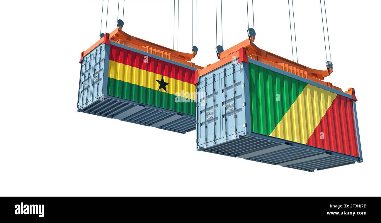 Frachtcontainer mit Nationalflaggen der Republik Kongo und Ghana. 3D-Rendering Stockfoto