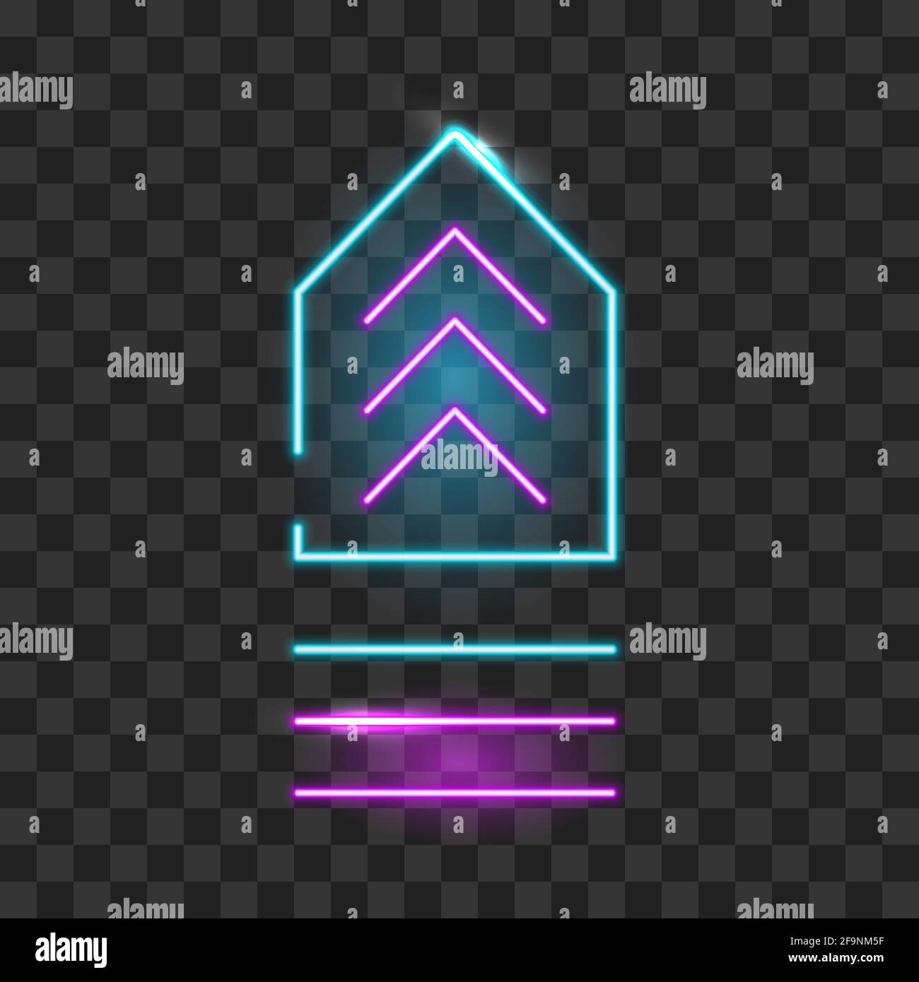 Geometrischer Neonpfeil, der nach oben zeigt, isolierte Vorlage. Leuchtende Werbeschilder Streifen und Dreiecke rosa Wegweiser. Stock Vektor