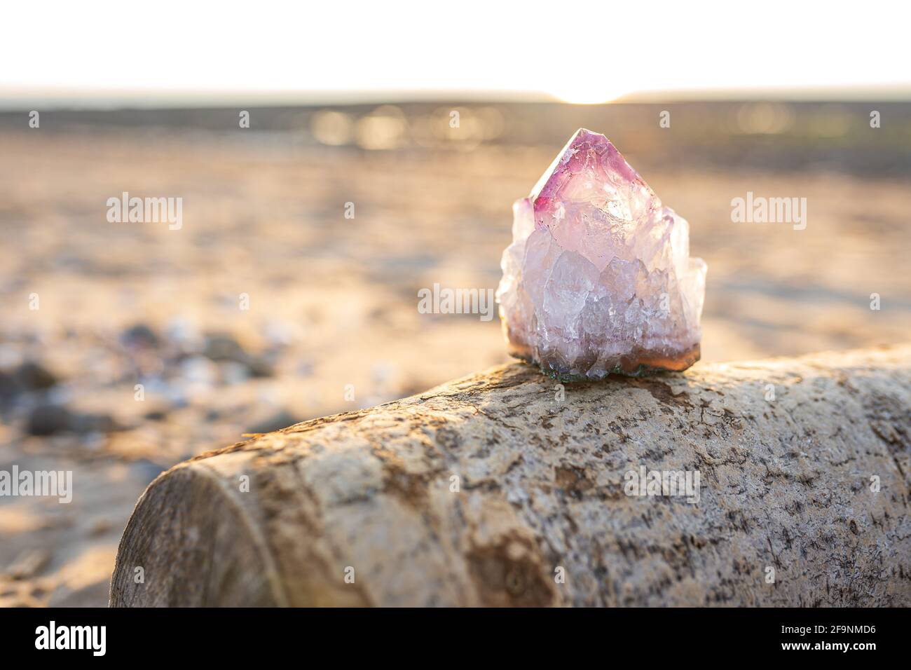 Amethyst Kristall auf Holz, warmer Sonnenuntergang Strand Hintergrund mit Kopierraum. Einzelne rohe, natürliche violette Geode im Freien, weicher Fokus Stockfoto
