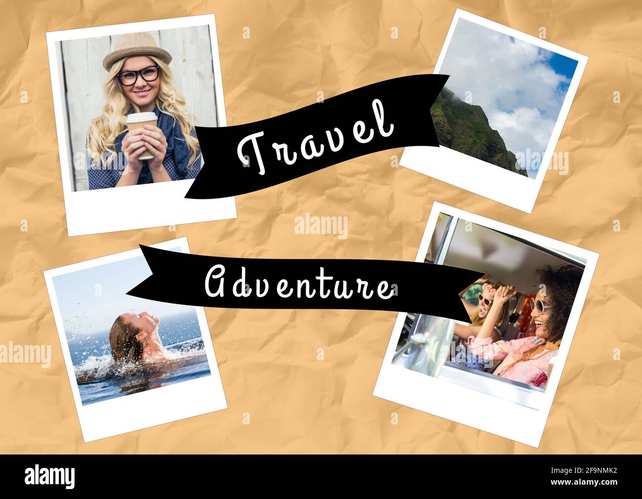 Komposition von Reiseabenteuer-Text mit Urlaubsfotos auf beige Zerknittertes Papier Stockfoto