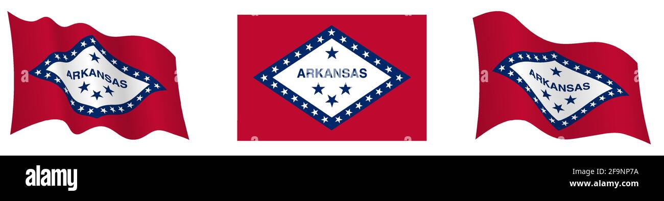 Flagge des amerikanischen Bundesstaates Arkansas in statischer Position und in Bewegung, flatternd im Wind in genauen Farben und Größen, auf weißem Hintergrund Stock Vektor