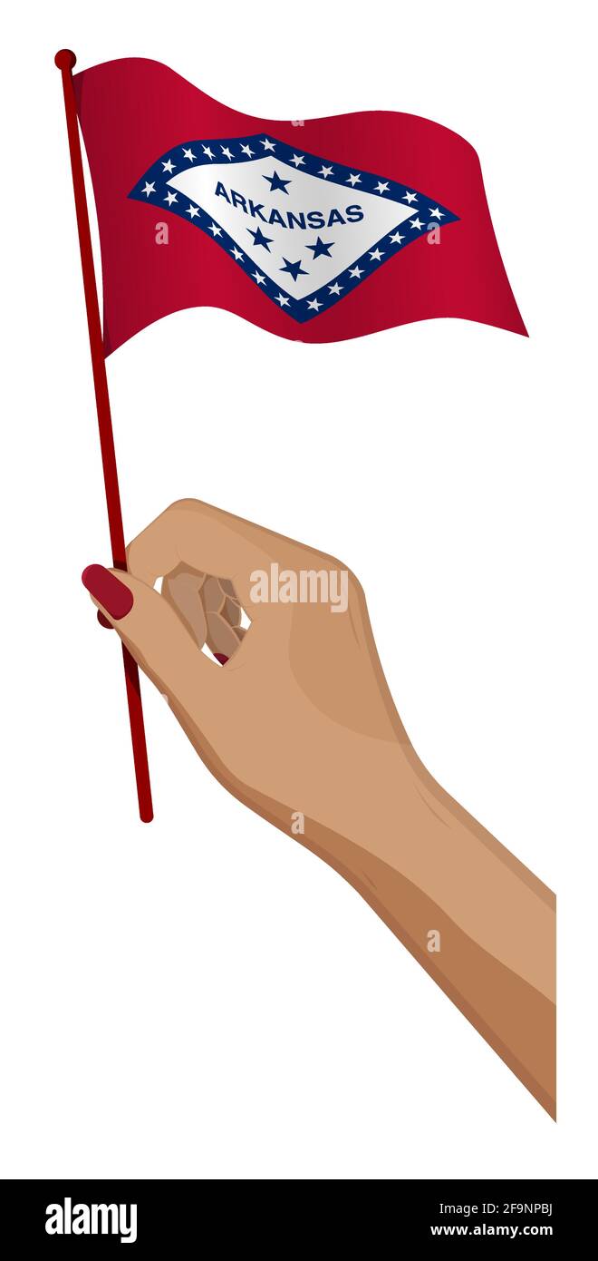 Die weibliche Hand hält sanft die kleine Flagge des amerikanischen Bundesstaates Arkansas. Design-Element für den Urlaub. Cartoon-Vektor auf weißem Hintergrund Stock Vektor