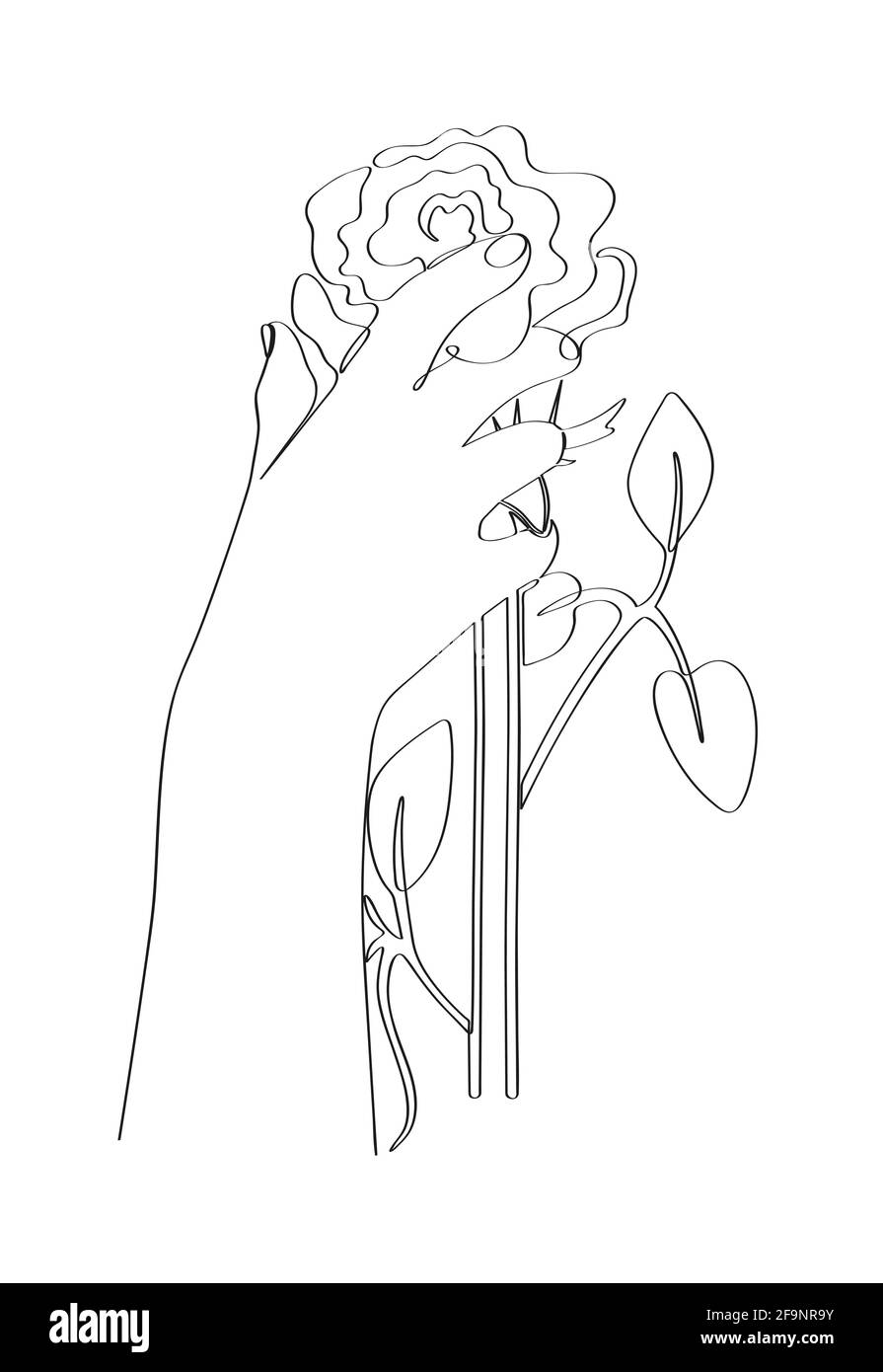 Die Hand der Frau hält einen Rosenkopf. Die Abbildung ist in einer durchgehenden Linie dargestellt. Auf weißem Hintergrund isolierte Vektorgrafik Stock Vektor
