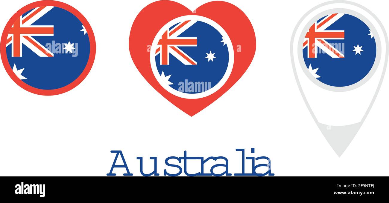 Nationalflagge von Australien, rundes Symbol, Herz-Symbol und Ortsschild, Vektor Stock Vektor
