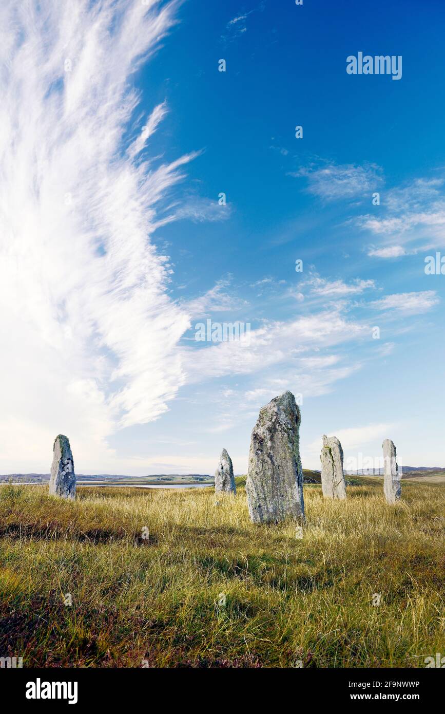 Ceann Hulavig prähistorischer neolithischer Steinkreis alias Callanish IV in Garynahine, Calanais Callanish, Isle of Lewis, Schottland. Blick auf N.W. Stockfoto