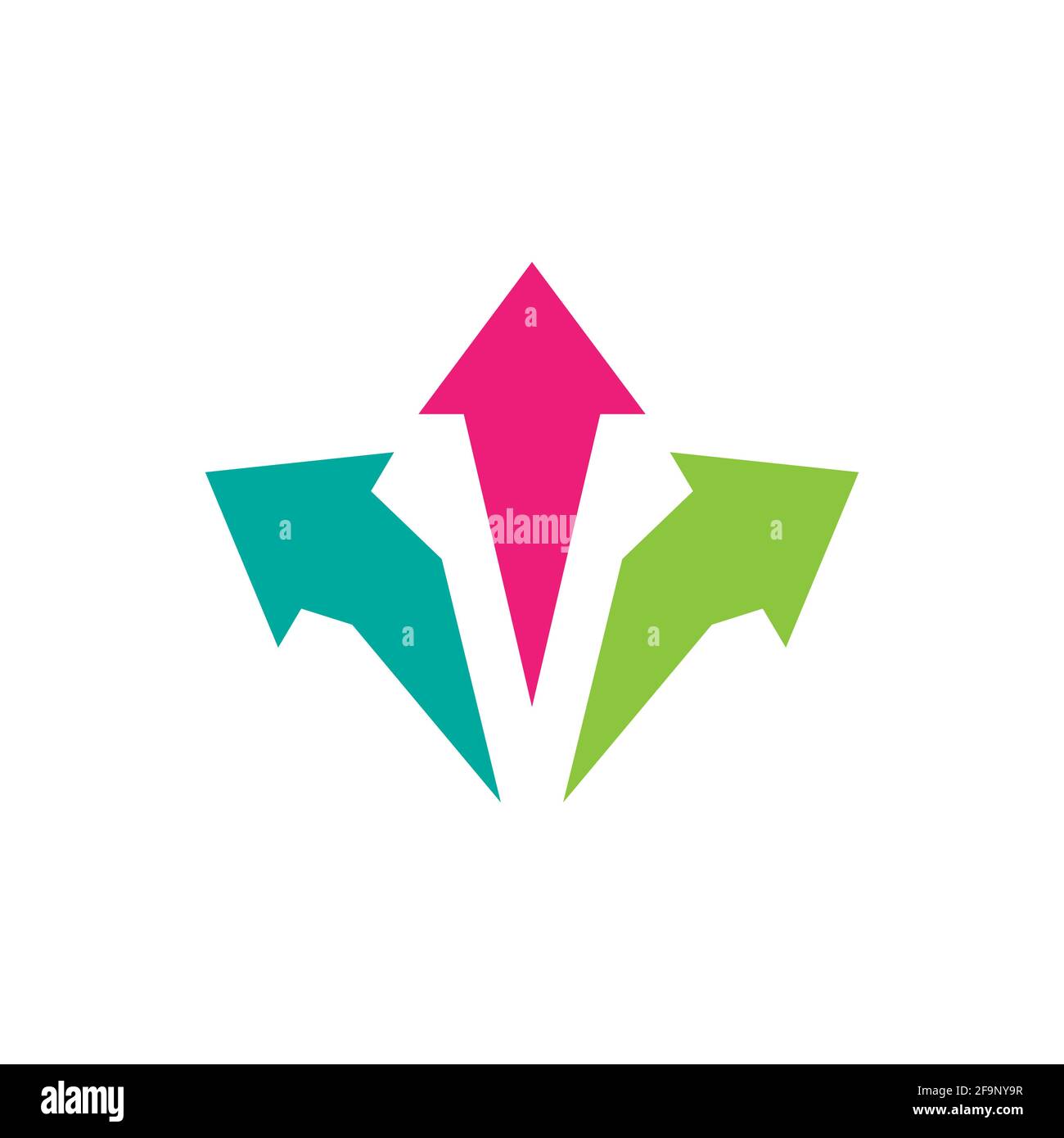 Drei bunte Pfeile nach oben zeigen in drei Richtungen. Rechter, linker, Vorwärtszeiger. Symbol „Pfeile einblenden“. Ausfahrtsrichtungen, Symbol „Varianten“. Vektorillust Stock Vektor