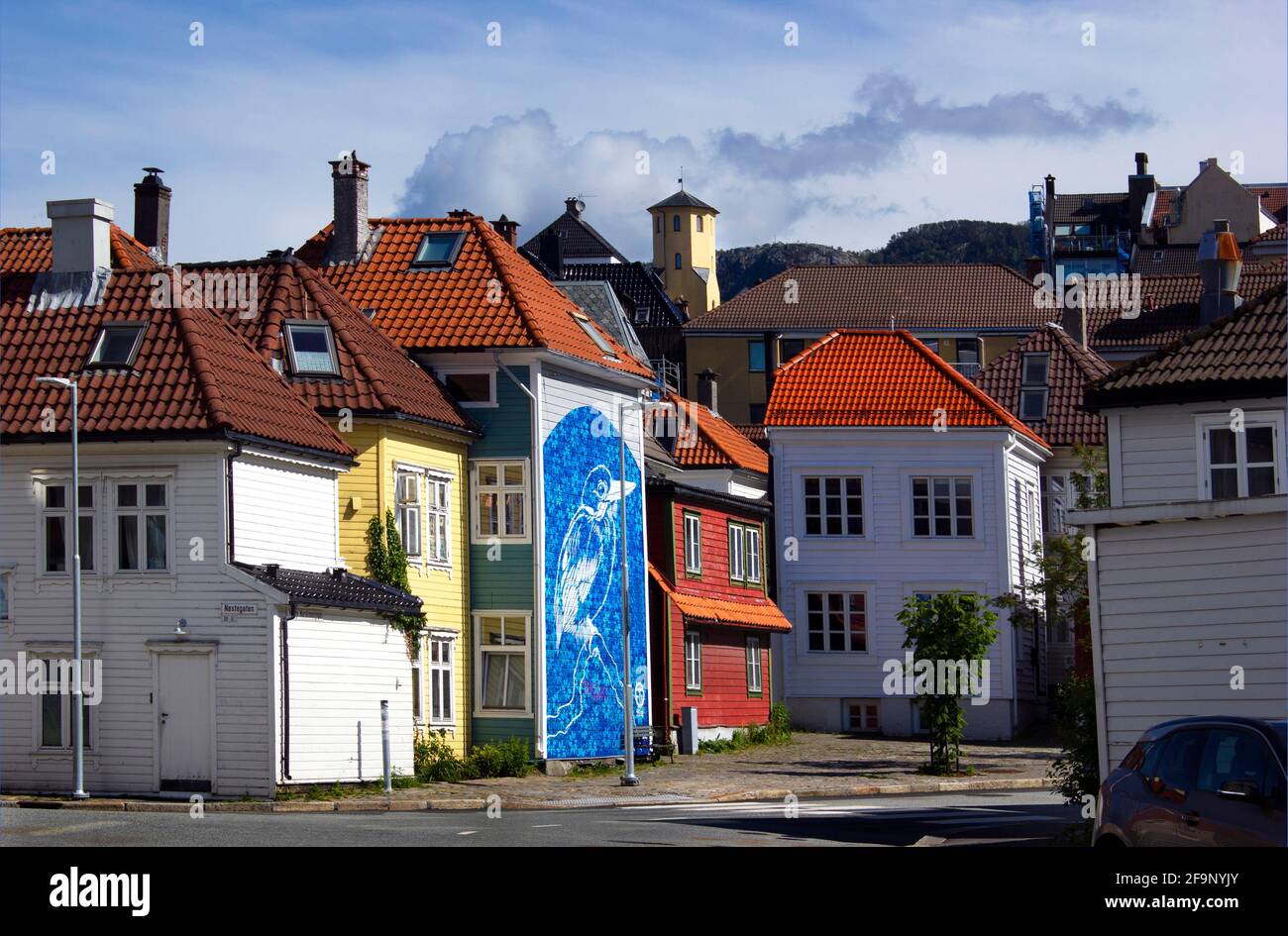 Street Art auf Holzhäusern, Nøstegaten und Vestre Murallmenningen, Bergen, Norwegen, Skandinavien, Europa Stockfoto
