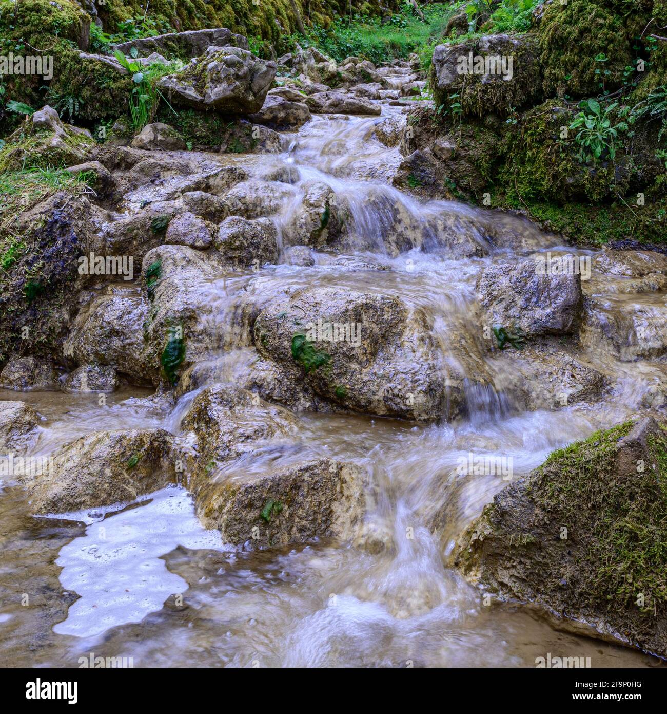 Kaskadierwasser in einem Bach an einem steilen Hang Stockfoto