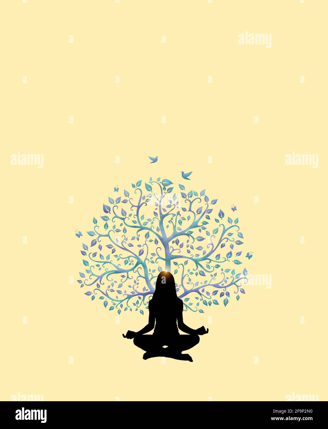 Spiritueller Hintergrund mit menschlicher Silhouette meditierend und  Lebensbaum isoliert In farbigem Hintergrund Stockfotografie - Alamy