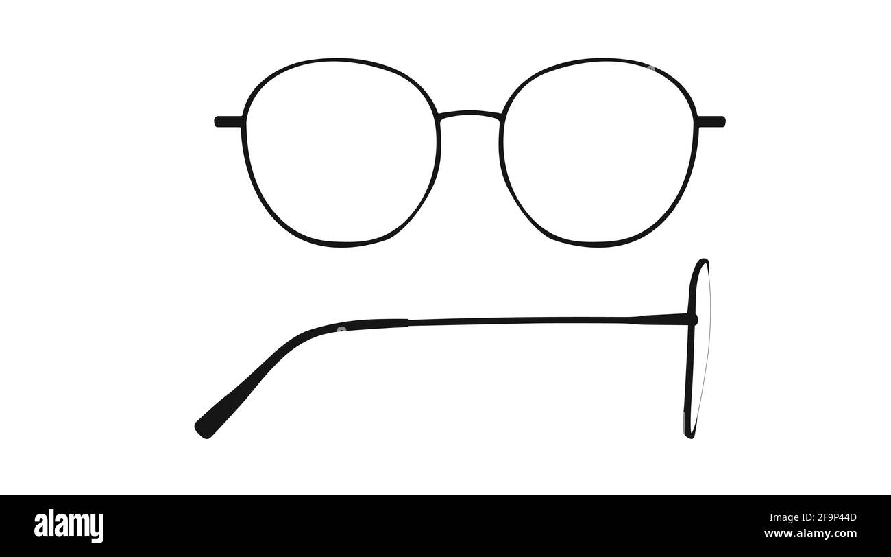 Vektor isoliert Illustration einer Brille Rahmen. Schwarze Brillen Rahmen Vorder- und Seitenansicht Stock Vektor