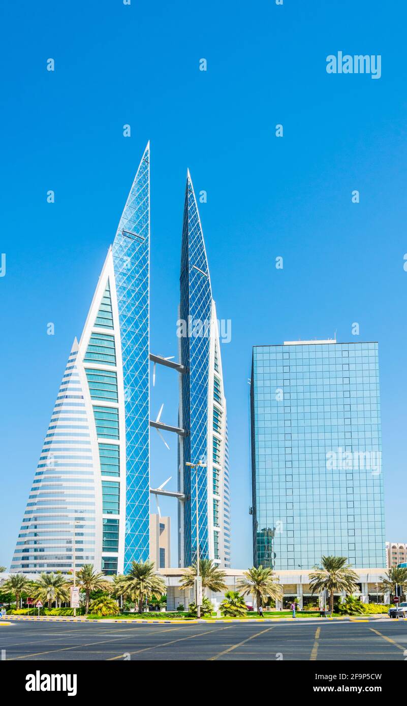 Blick auf den Wolkenkratzer des Bahrain World Trade Center in Die Hauptstadt Manama Stockfoto