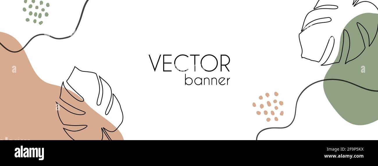 Vector langes Banner mit organischen Formen und tropischen Blättern. Trendiger minimalistischer abstrakter Hintergrund für Social Media Design Stock Vektor