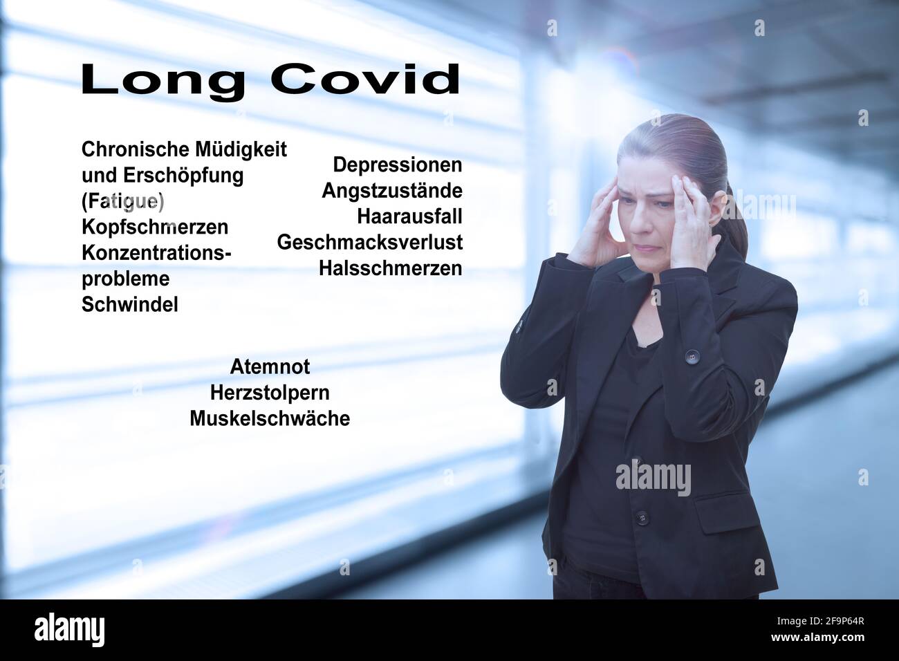 Häufige Symptome des Long Covid-Syndroms: Erkrankungen der Atemwege, des Herzens und geistiger Funktionsstörungen, auf deutsch. Stockfoto