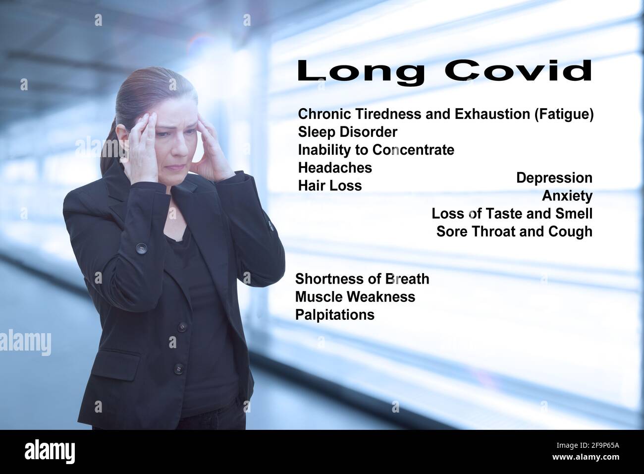 Häufige Symptome des Long Covid-Syndroms: Erkrankungen der Atemwege, des Herzens und psychische Funktionsstörungen, wie Müdigkeit. Stockfoto