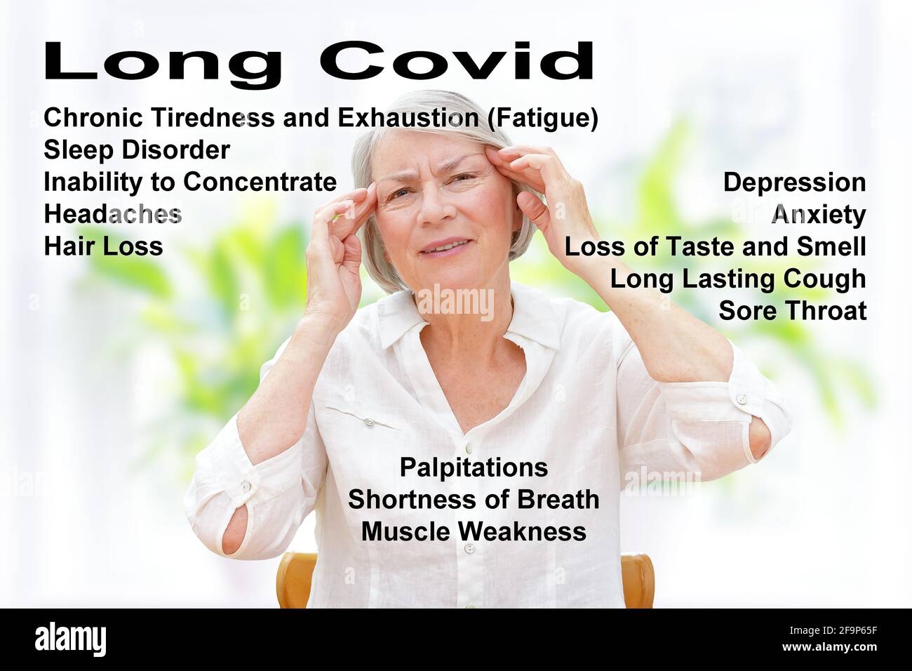 Häufige Symptome des Long Covid-Syndroms: Erkrankungen der Atemwege, des Herzens und psychische Funktionsstörungen, wie Müdigkeit. Stockfoto