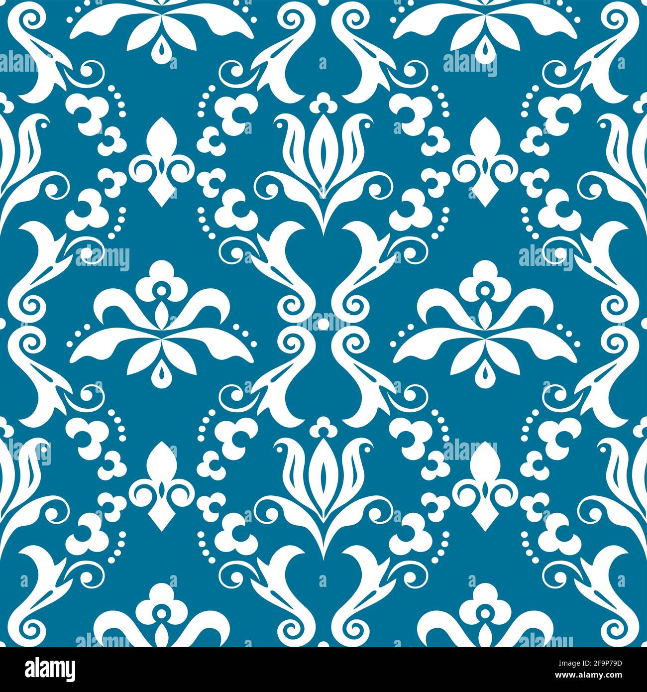 Damast elegantes Vektor-Nahtloses Muster, viktorianisches Textil- oder Stoffdruck-Design mit Blumen, Wirbeln und Blättern in Weiß auf Türkis Stock Vektor