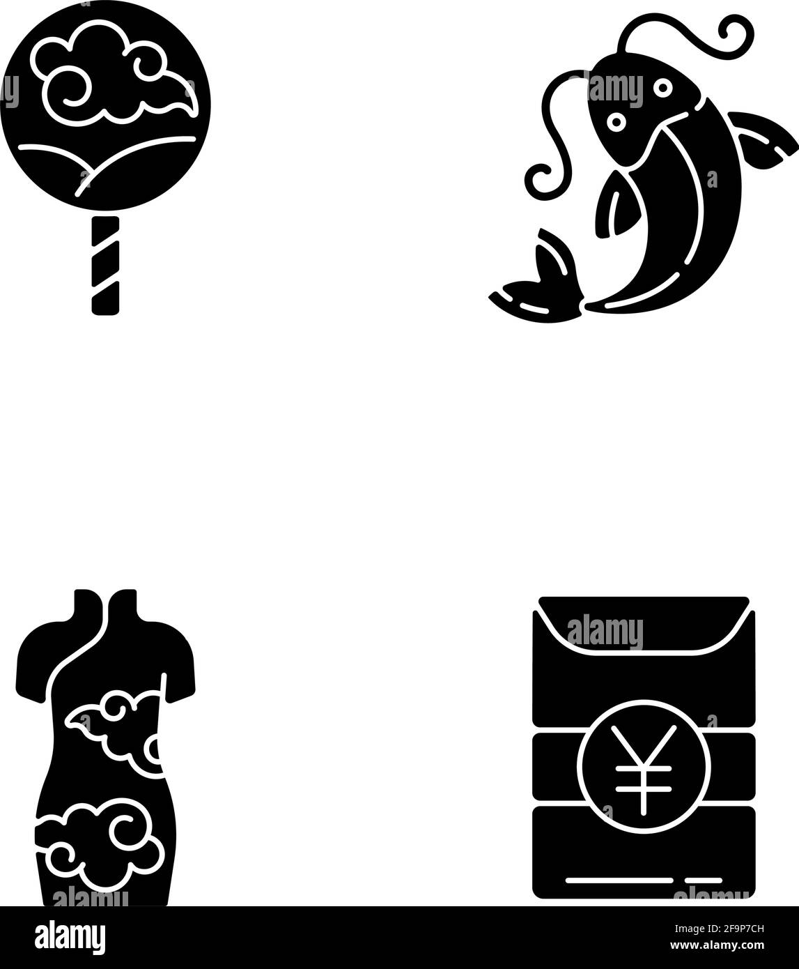 Asiatische Traditionen schwarze Glyphen-Symbole auf weißem Raum gesetzt Stock Vektor