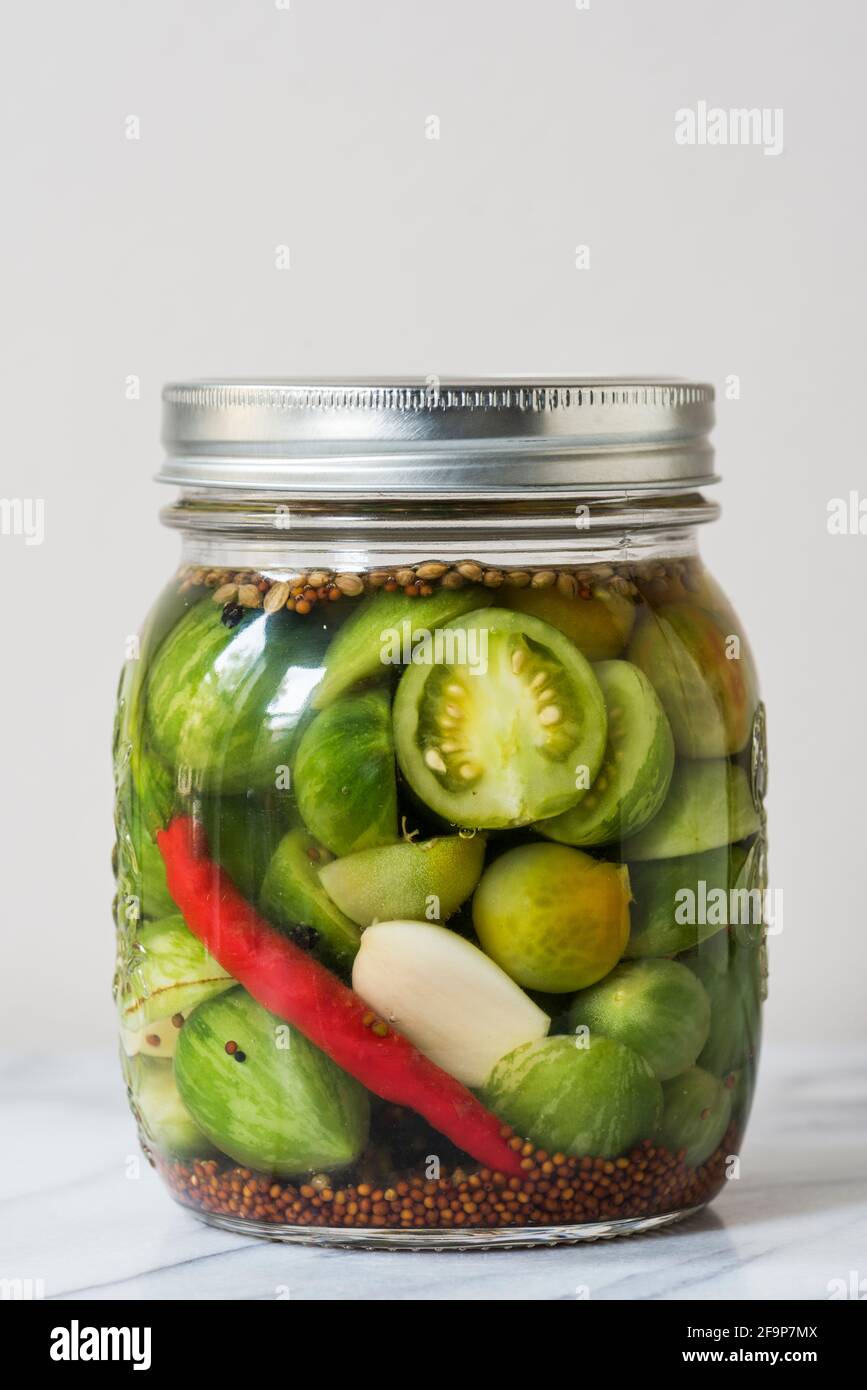 Glas fermentierter grüner Tomaten mit Korriander, Knoblauch und scharfem Pfeffer Stockfoto