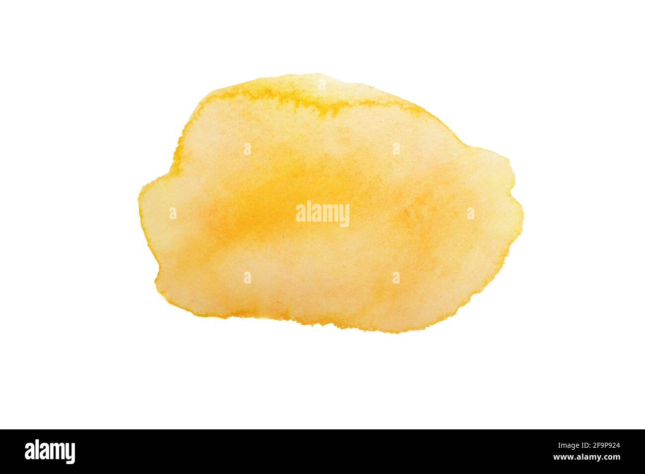 Gelber Punkt auf Aquarellpapier, Tintentropfen. Abstrakter gelber Fleck auf weißem Hintergrund. Stockfoto