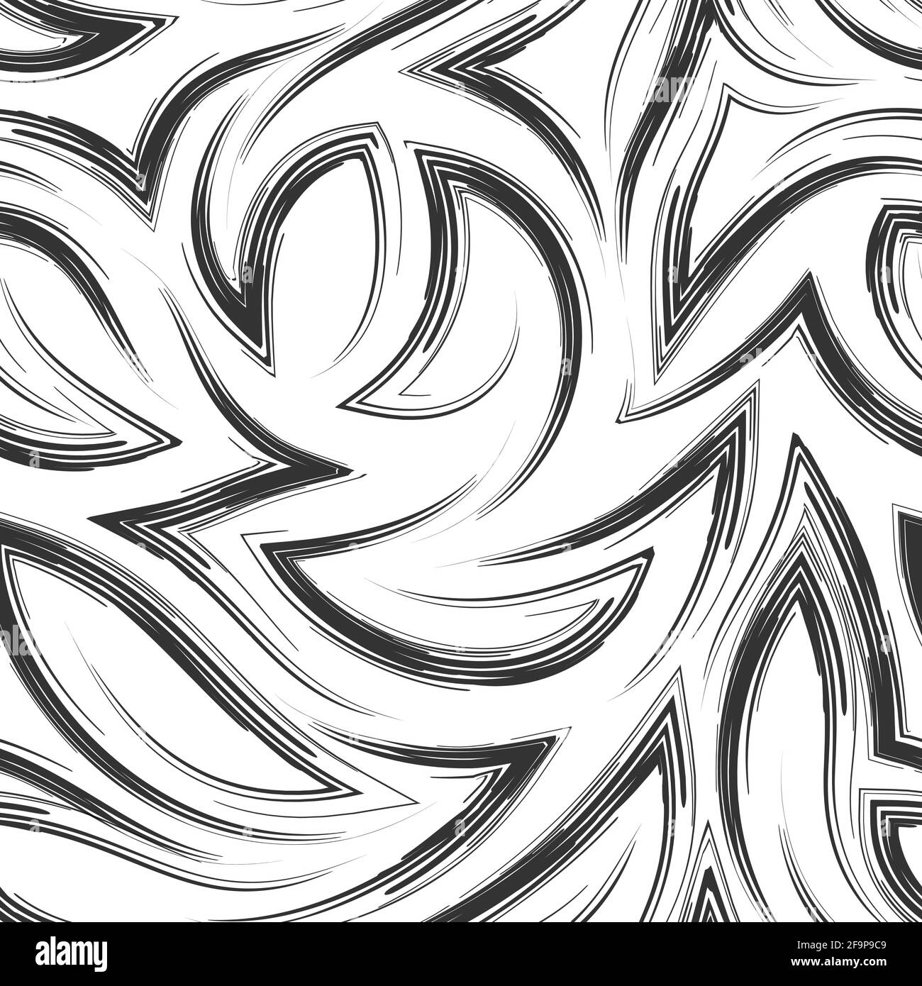 Schwarzes Vektor-Nahtloses Muster aus glatten Pinselstrichen oder Aquarellen in Form von Ecken und Locken. Monochrome Textur. Stock Vektor