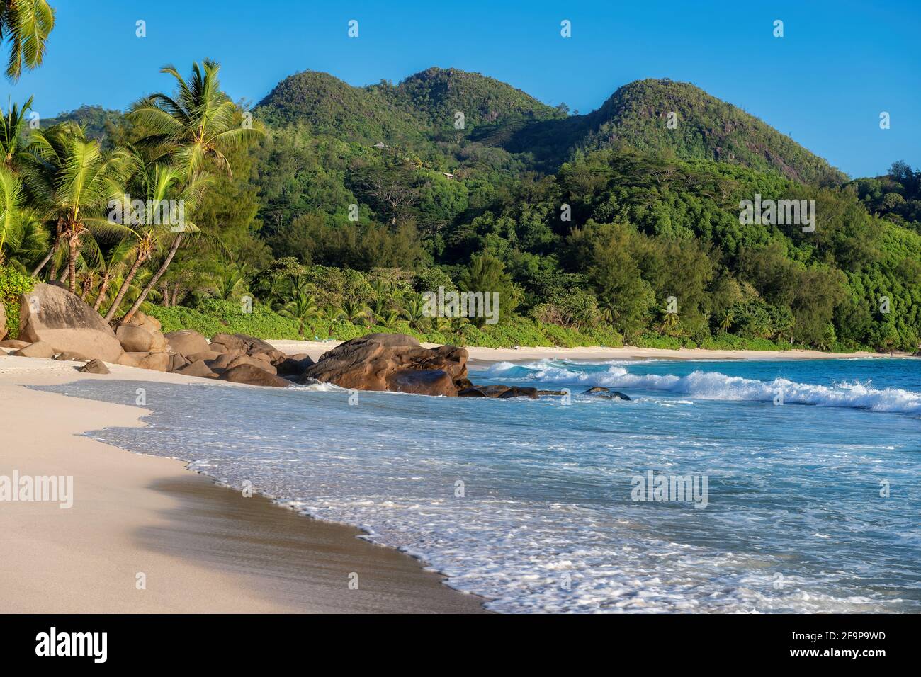 Exotischer tropischer Strand auf den Seychellen Stockfoto