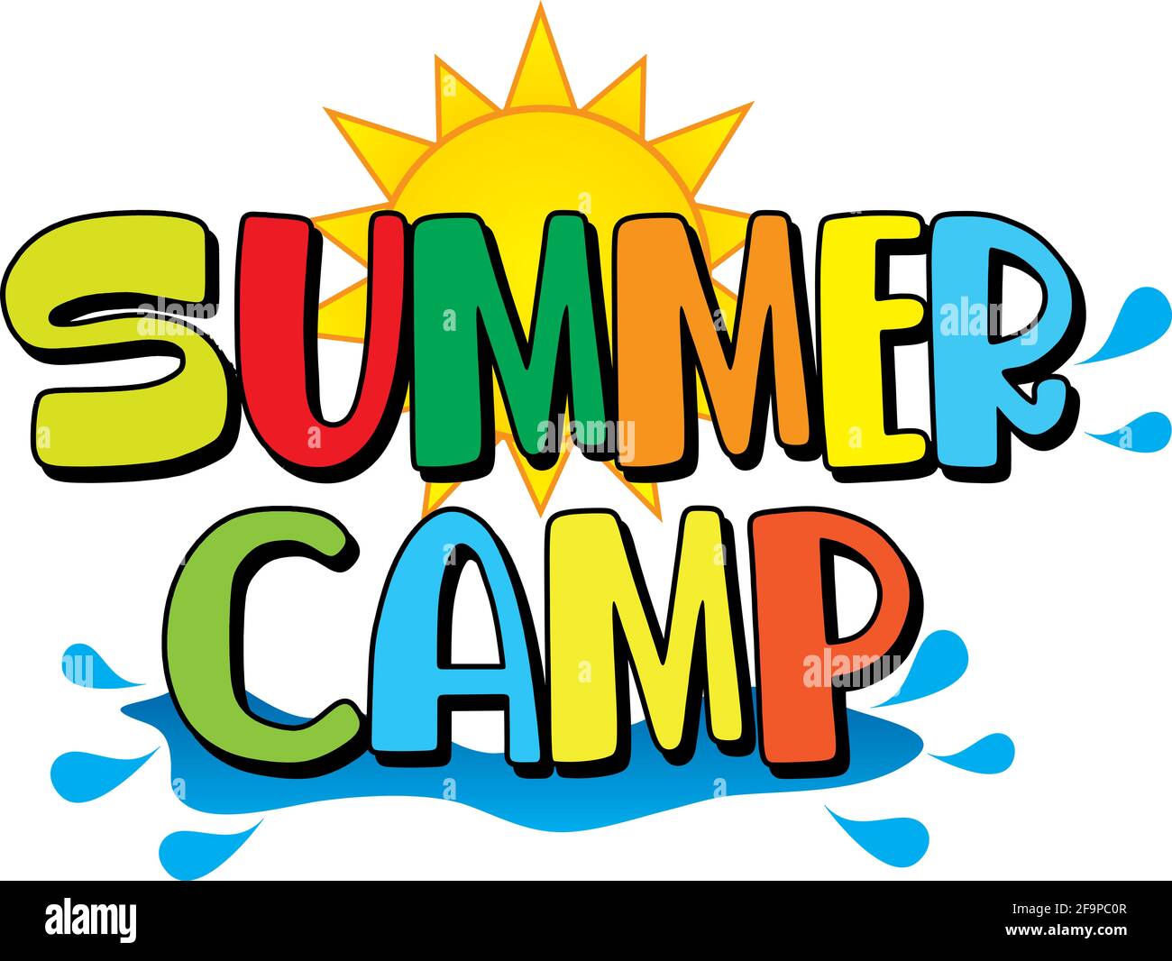Sommercamp-Logo mit Sonne und Wasser Stockfoto