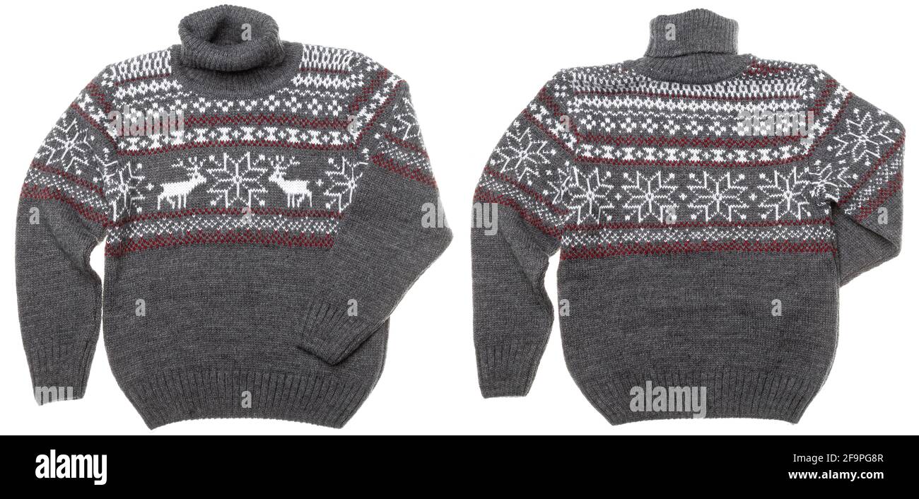 Kinder gestrickt warmen saisonalen Weihnachten Rollkragenpullover aka Ugly Pullover mit Hirsch-und Schneeflocken Ornament isoliert auf weißem Hintergrund, vorne und Stockfoto