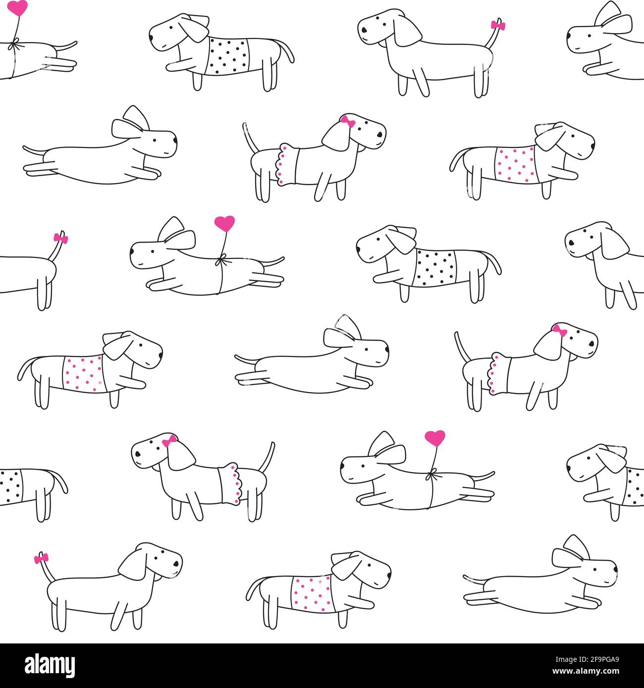 Nahtloses Muster mit niedlichen Dackel-Hunden. Vektorgrafik. Kleine Welpen Hintergrund. Textil-, Web- oder Wickelpapier-Design. Stock Vektor