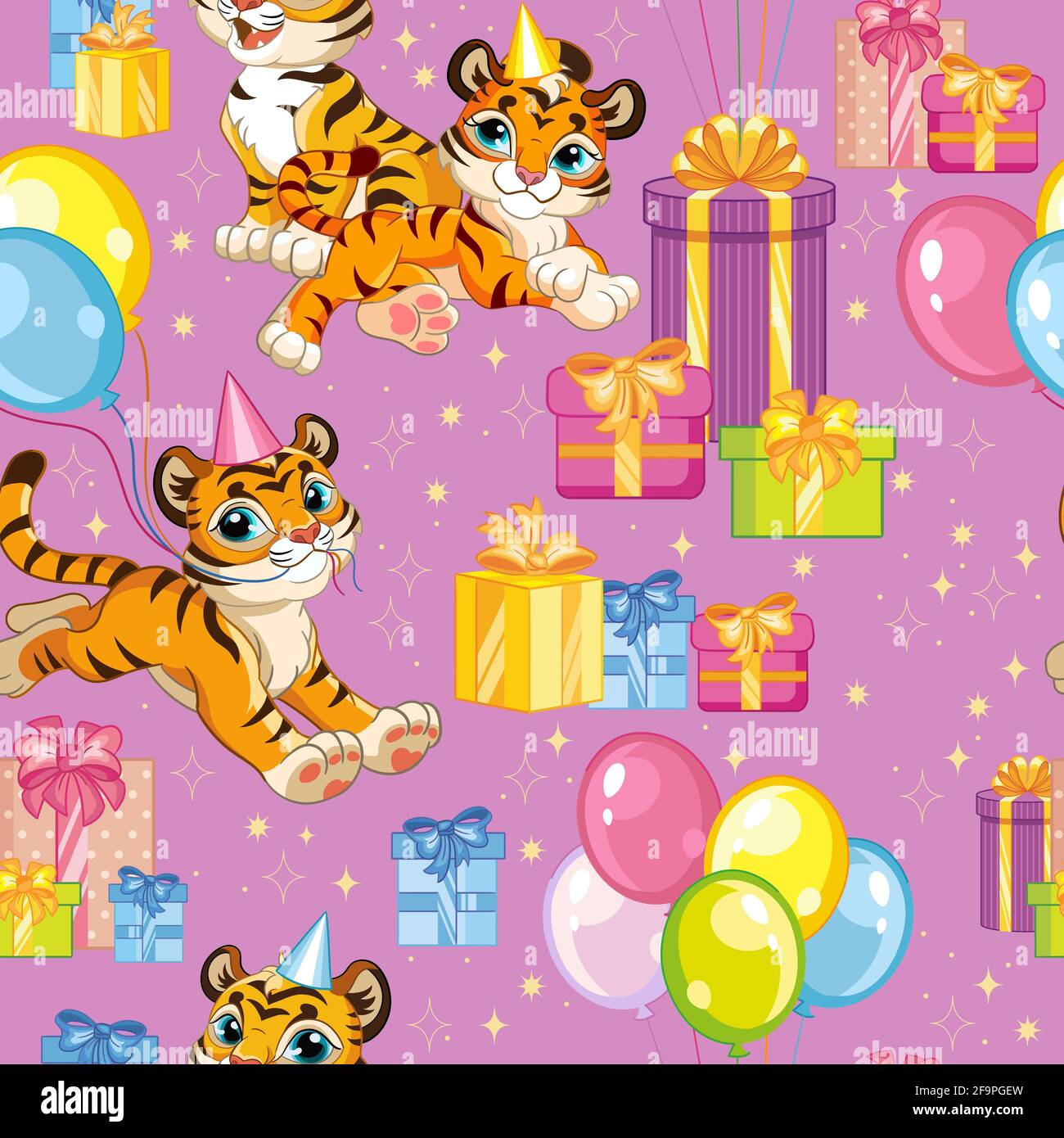 Nahtlose Vektor-Muster mit niedlichen glücklich Hühner mit Ballons. Bunte Illustration Vektor Hintergrund Geburtstag Konzept. Für Print, T-Shirt, Design, Stock Vektor