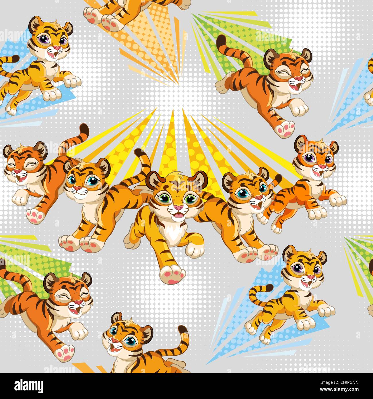 Nahtloses Muster mit fröhlich laufenden Tigern auf grauem Hintergrund. Vektor-Illustration für Party, drucken, Babydusche, Tapete, Design, Einrichtung, Bettwäsche, di Stock Vektor