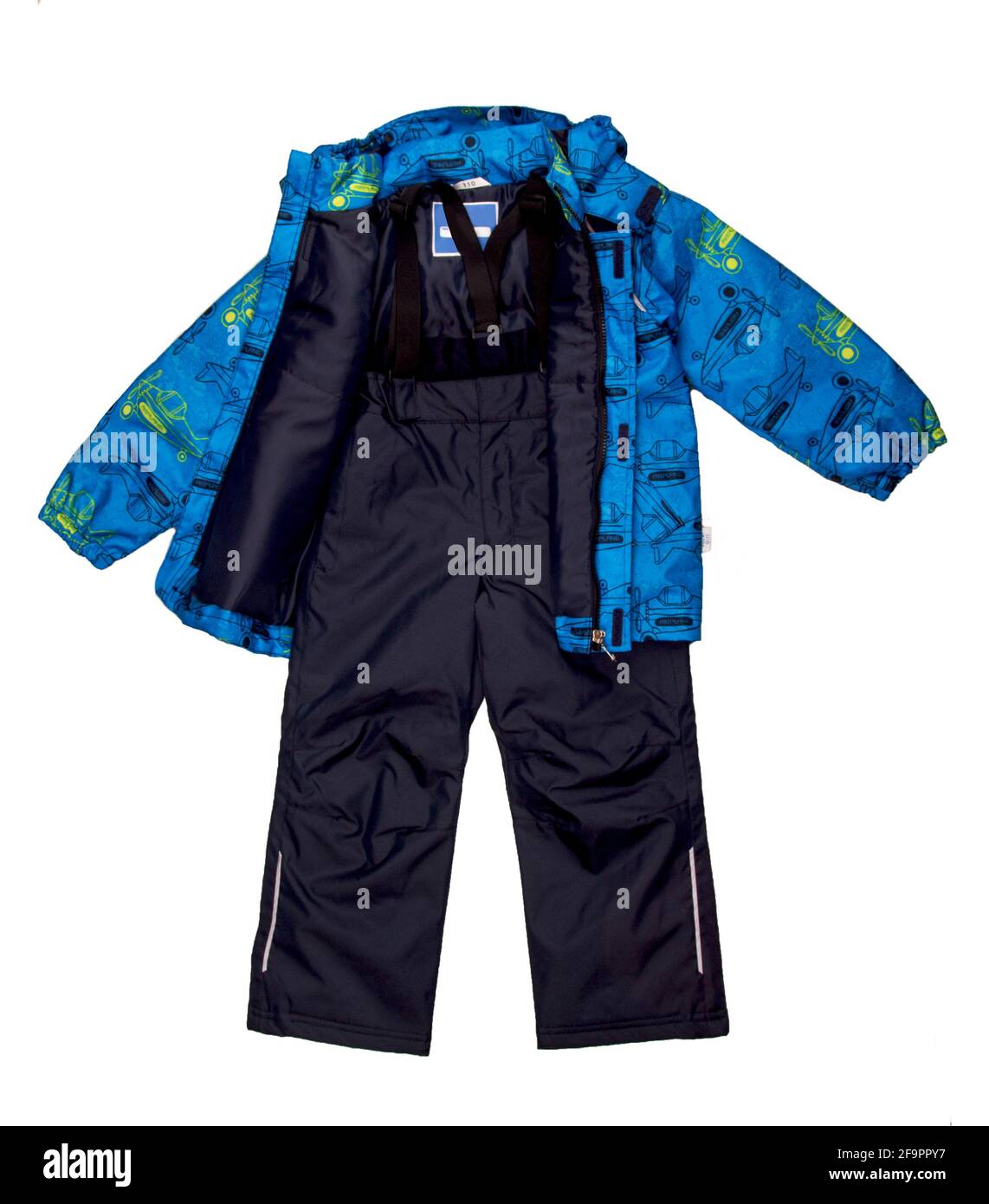 Isoliertes Set aus hellblauer Jacke und Hose für Kinder bei kaltem Wetter. Stockfoto