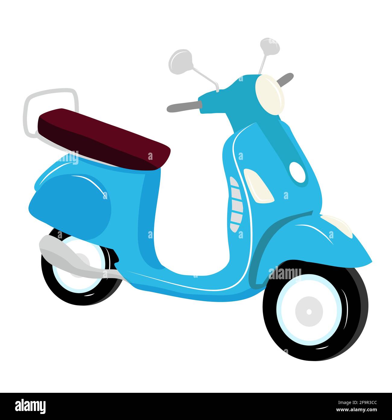 Blue Vintage Roller auf weißem Hintergrund isoliert, Vektor-Illustration, Stadtleben, fahren Sie ein Motorrad in der Stadt. Mieten Sie sich ein Motorrad. Essen und Paket Stock Vektor