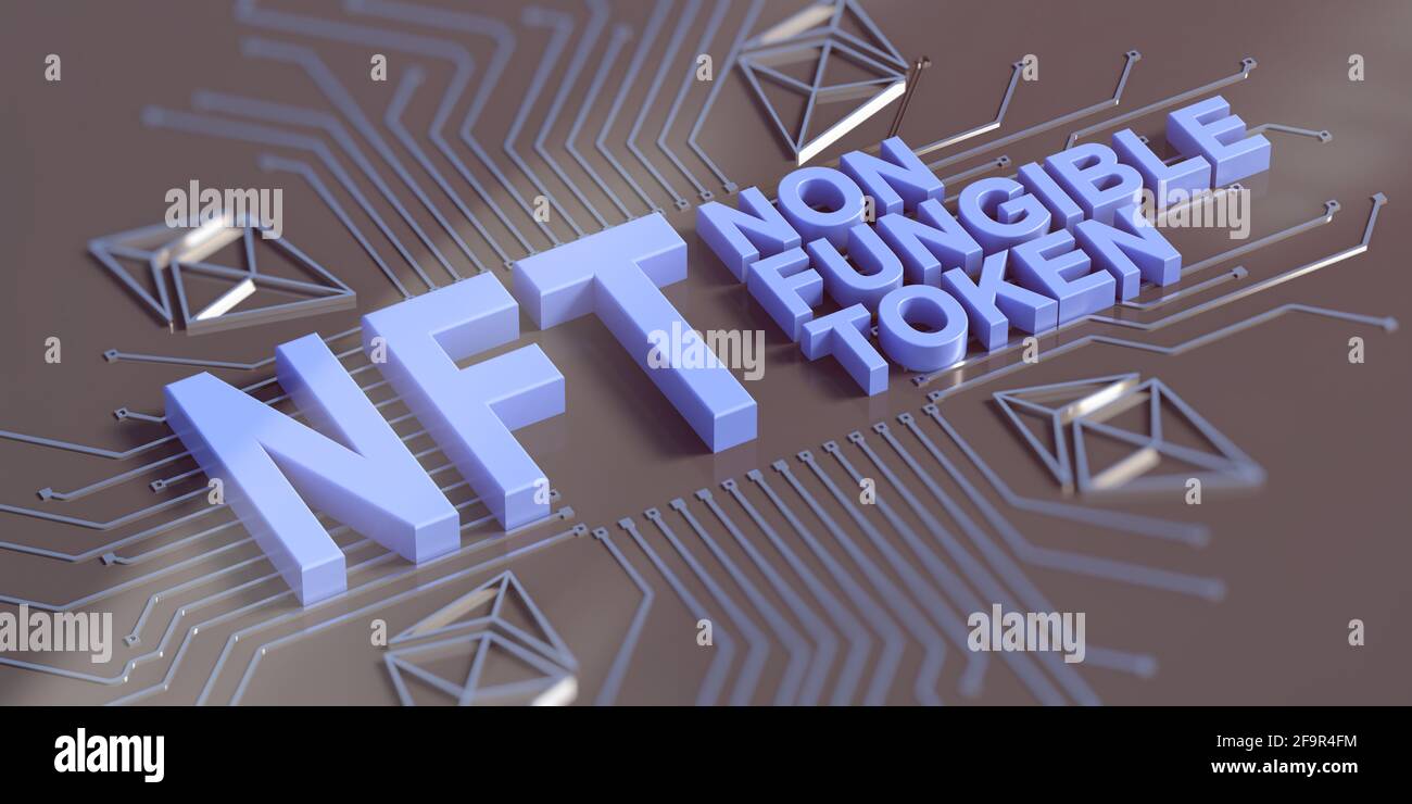 NFT Non fungible Token blauer Text auf dunklem abstrakten Technologiehintergrund. Kryptographisches Token, Blockchain-Asset, Krypto-Art-Konzept. 3d-Illustration Stockfoto