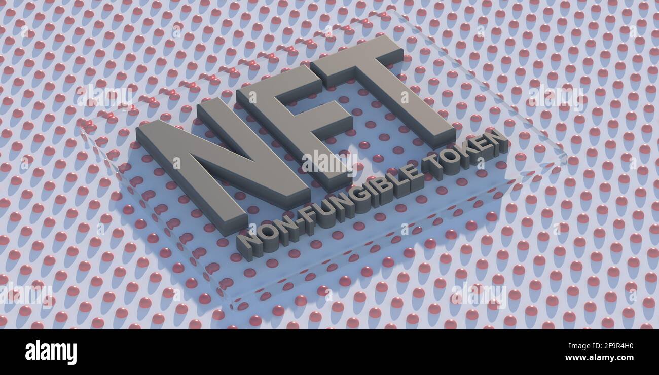 NFT Blockchain-Asset, grauer Text auf hellblau gestricheltem Hintergrund. Nicht fungible Token, Kryptowährung Art Concept. 3d-Illustration Stockfoto