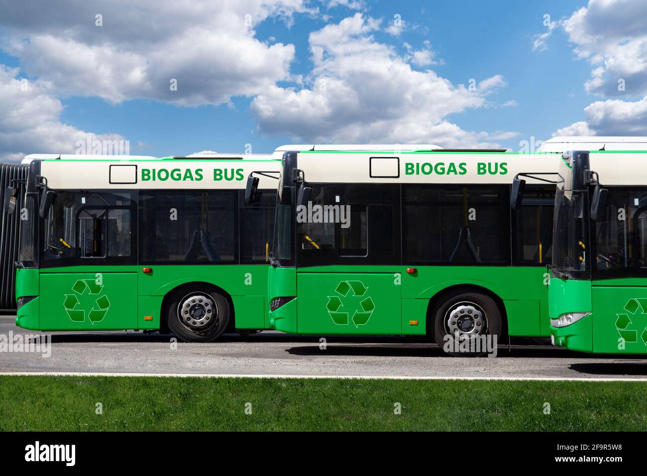 Busse, die mit Biogas betrieben werden, fahren auf einer Stadtstraße. CO2-neutrales Transportkonzept Stockfoto