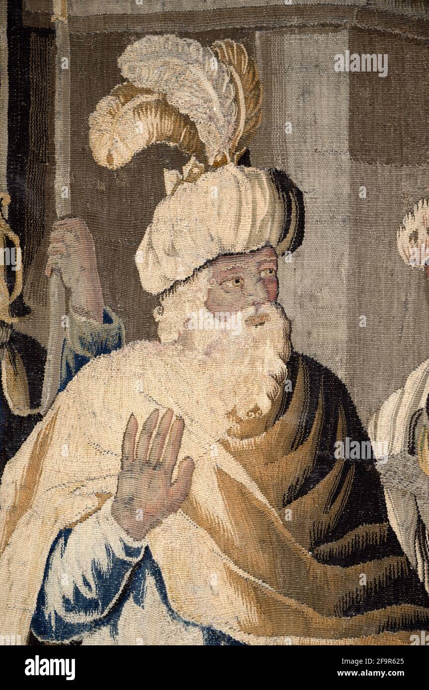 Porträt von König Aladine von Jerusalem mit Feder Turban basiert Auf Jerusalem ein Gedicht von Torquato Tasso c17th Felletin Tapestry Stockfoto