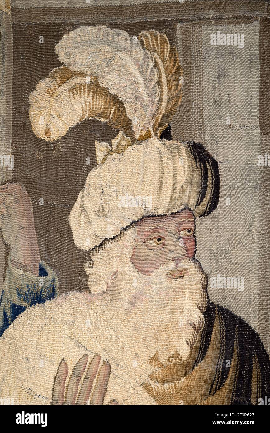 Porträt von König Aladine von Jerusalem mit Feder Turban basiert Auf Jerusalem ein Gedicht von Torquato Tasso c17th Felletin Tapestry Stockfoto