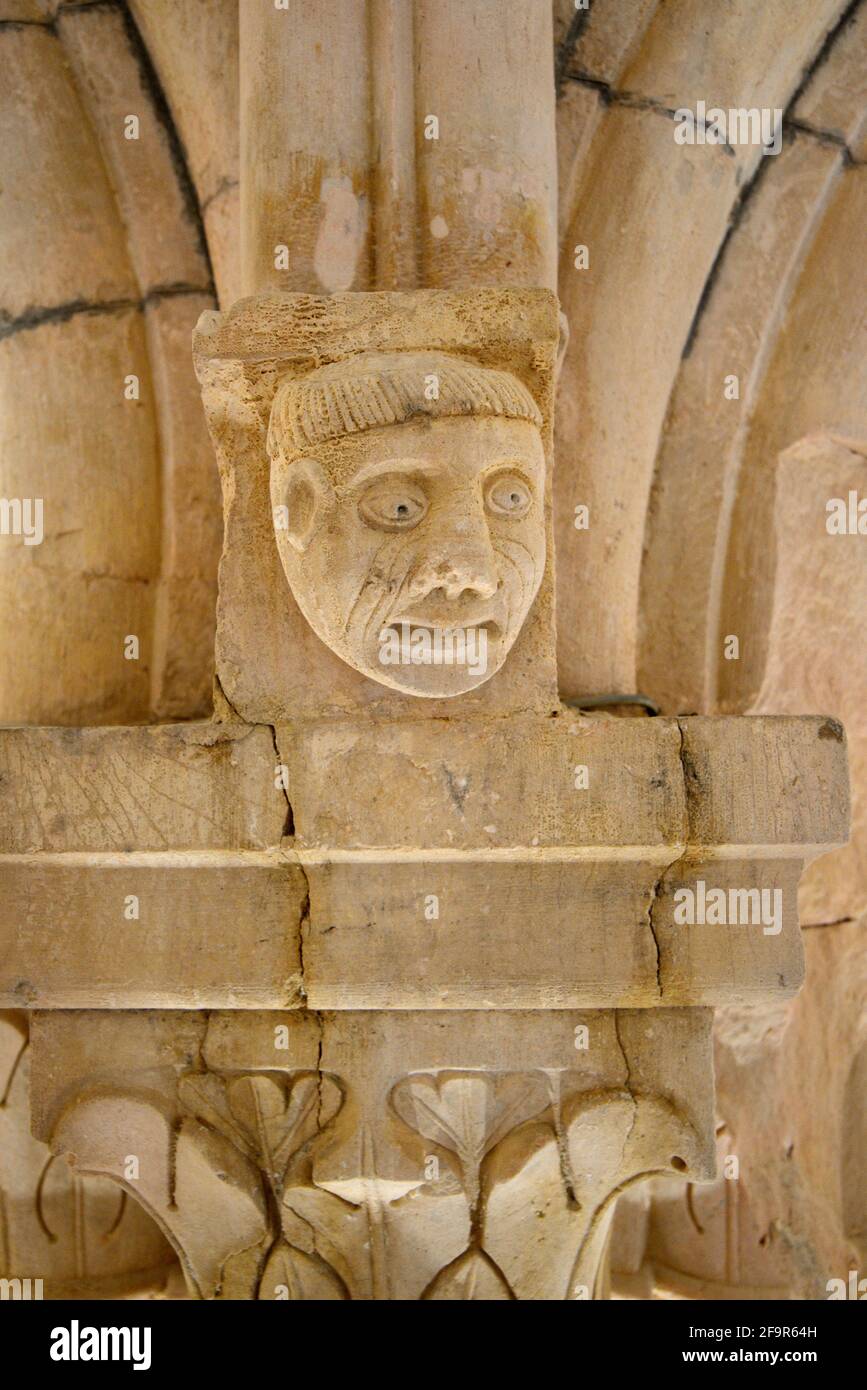 Steinschnitzerei eines Tonversicherten Mönchs auf der Hauptstadt im Gewölbeinneren Des Rotonde Dungeon Simiane-la-Rotonde Alpes-de-Haute-Provence Frankreich Stockfoto