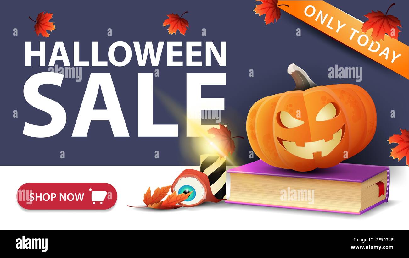 Halloween Verkauf, einfaches Banner mit Zauberbuch und Kürbis Jack. Stockfoto