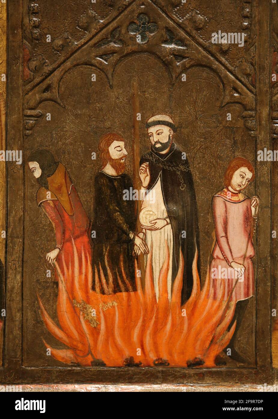 Meister von Vallbona de les Monges (Guillem Seguer). Altarpice von Fronleichnam, 1335-45. Jüdisch auf dem Feuerkörper, Kirche des Klosters St. Mary de l Stockfoto