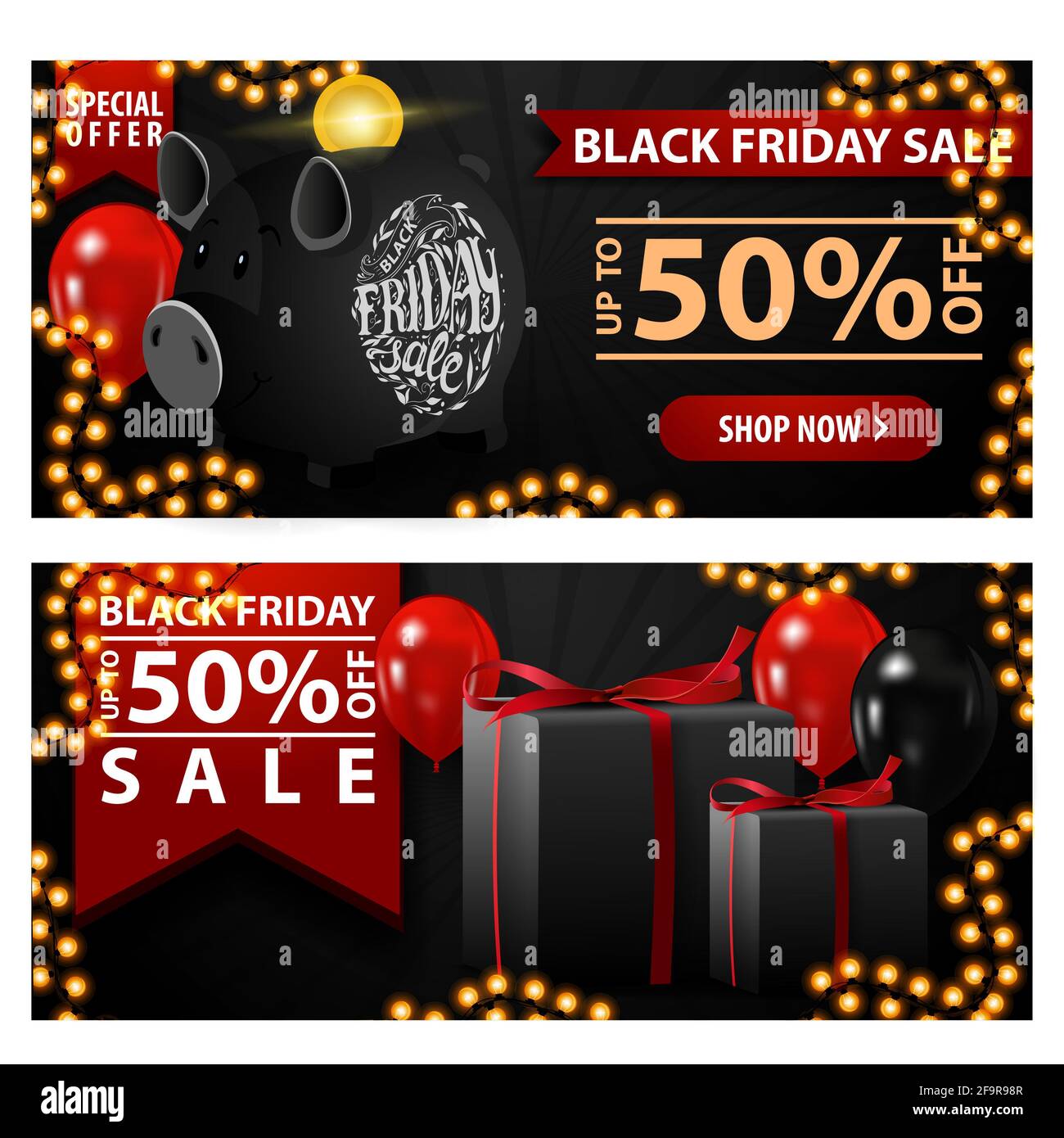 Black friday Sale, bis zu 50 Rabatt, zwei schwarze horizontale Rabatt-Banner mit Sparschwein, Ballons und Geschenken. Stockfoto