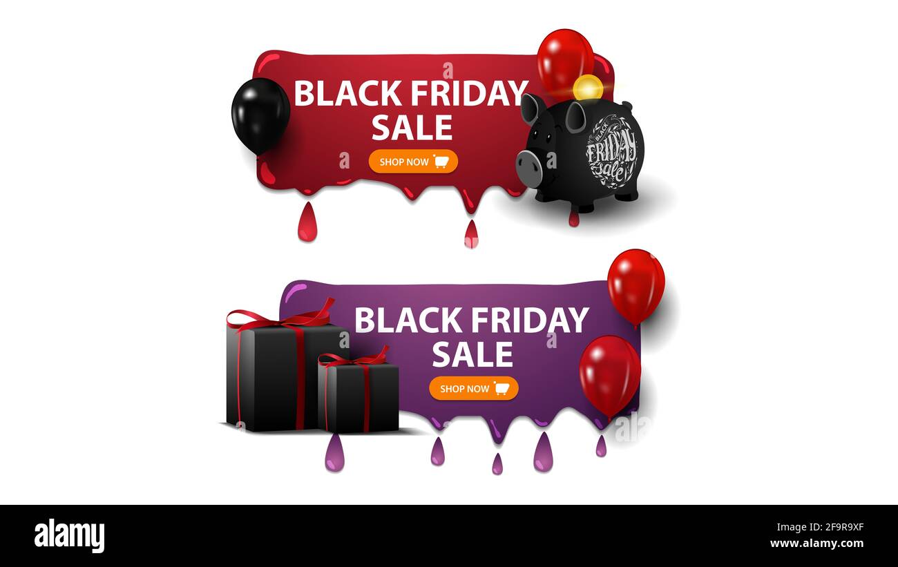 Black friday Verkauf, zwei horizontale Rabatte Banner mit Sparschwein, Ballons und Geschenke isoliert auf weißem Hintergrund für Ihre Künste. Rot und lila Verbot Stockfoto