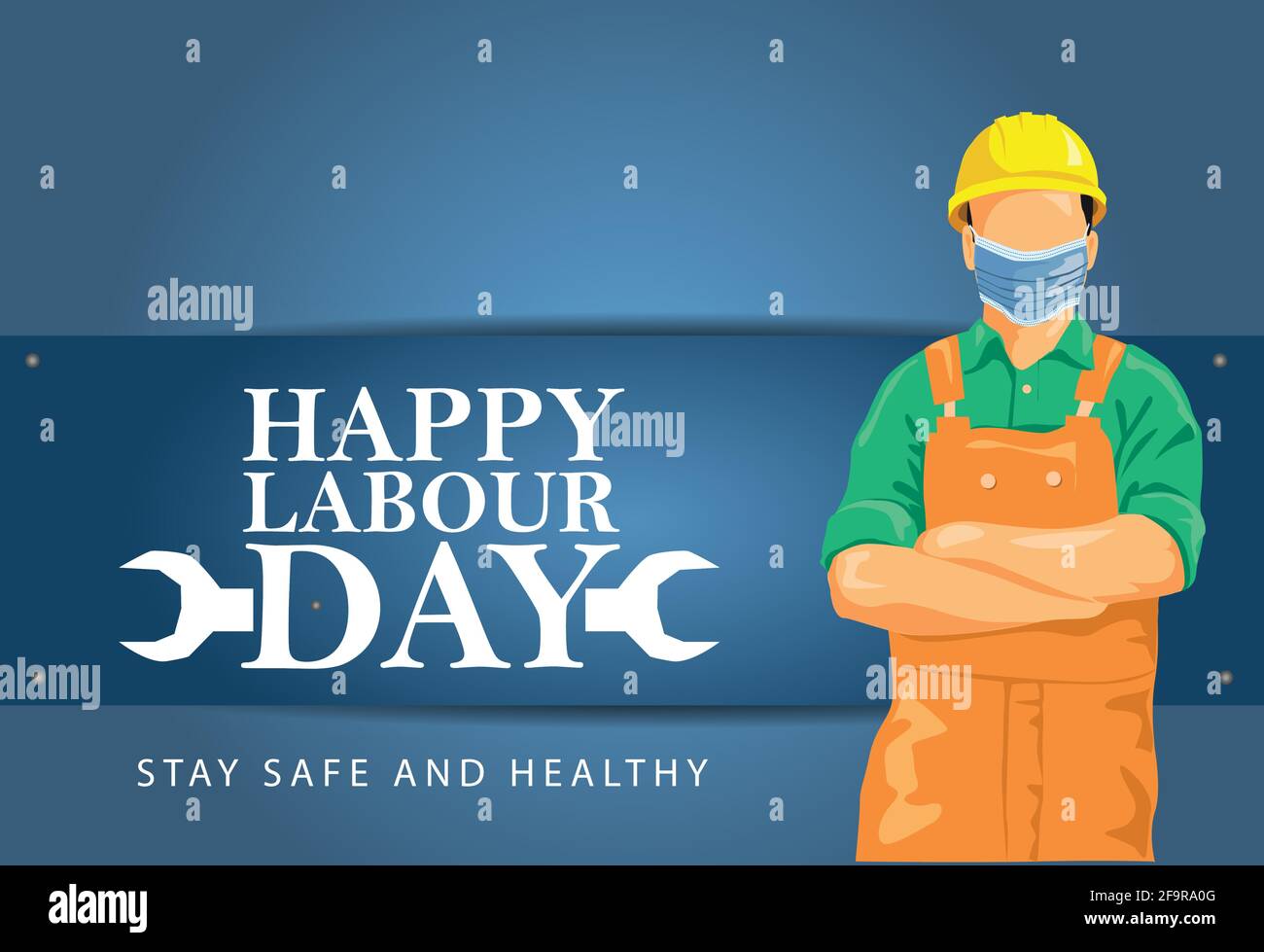 Maske mit Happy Labor Day Schriftzug. Labor Day am 1. Mai. Coronavirus, covid-19 Konzept. vektor Illustration Design. Stock Vektor