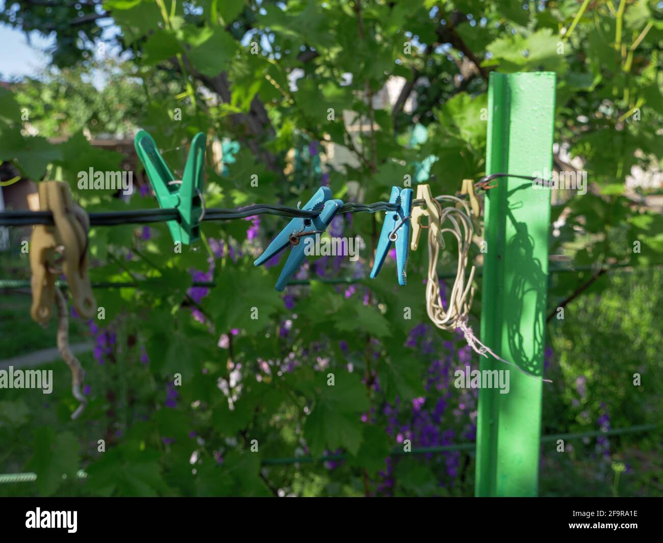 Bunte Stifte hängen an einem Draht im Garten im Freien. Ländlicher Hintergrund, einfaches Leben zu Hause Konzept. Stockfoto