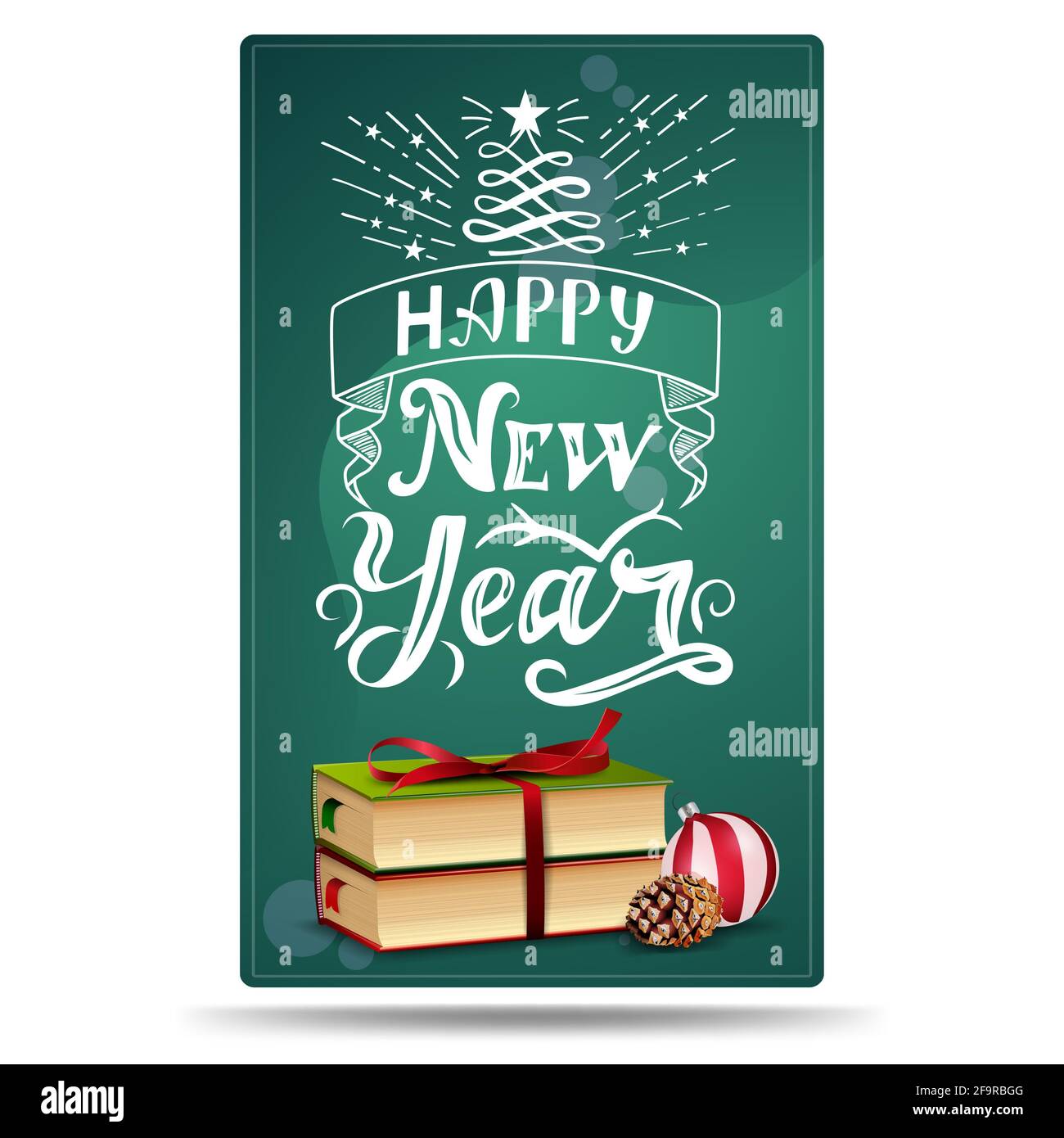 Frohes neues Jahr, Gruß vertikale Karte mit Weihnachtsbüchern, Weihnachtskugel und Kegel Stockfoto