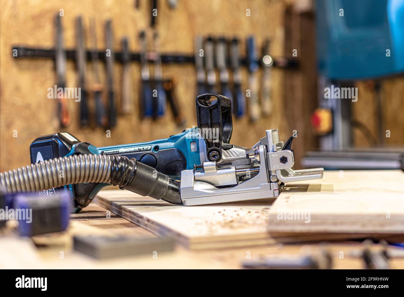 Detail eines Jointer-Keks in einer Schreinerei Stockfoto
